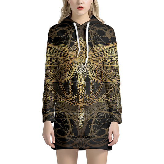 Golden Spiritual Dragonfly Print Pullover Hoodie Dress