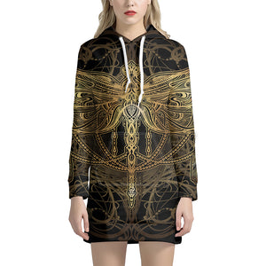 Golden Spiritual Dragonfly Print Pullover Hoodie Dress