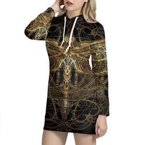 Golden Spiritual Dragonfly Print Pullover Hoodie Dress