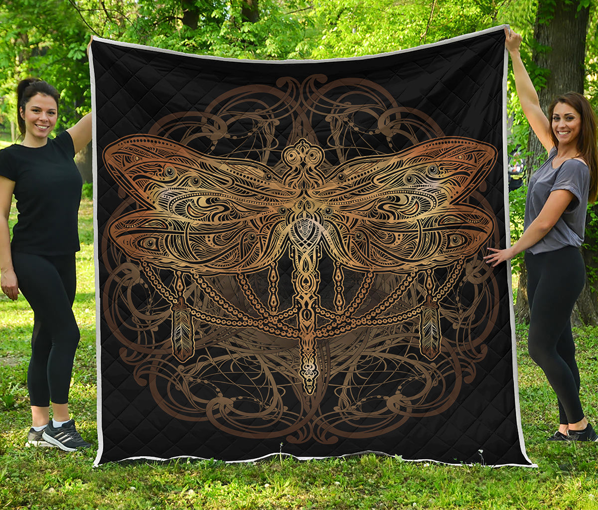 Golden Spiritual Dragonfly Print Quilt