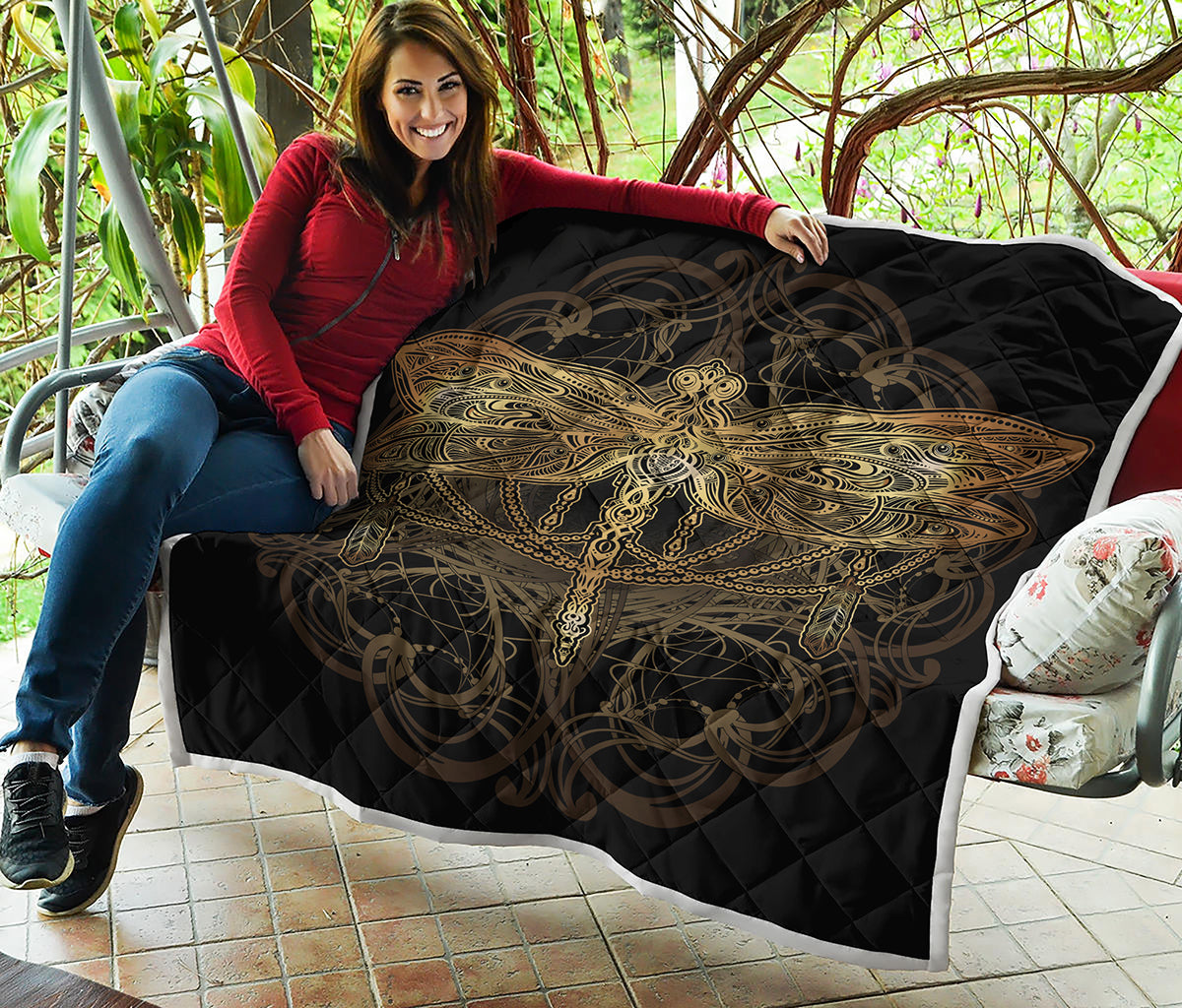 Golden Spiritual Dragonfly Print Quilt