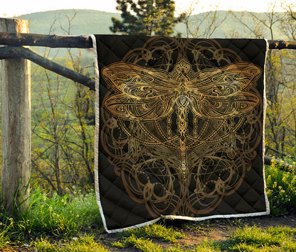 Golden Spiritual Dragonfly Print Quilt
