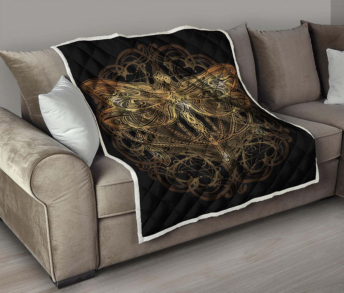 Golden Spiritual Dragonfly Print Quilt
