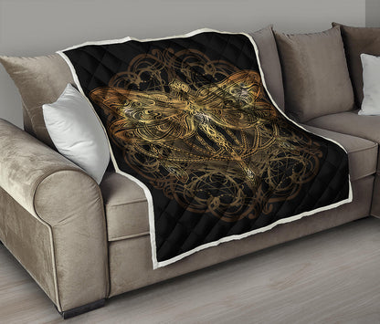 Golden Spiritual Dragonfly Print Quilt