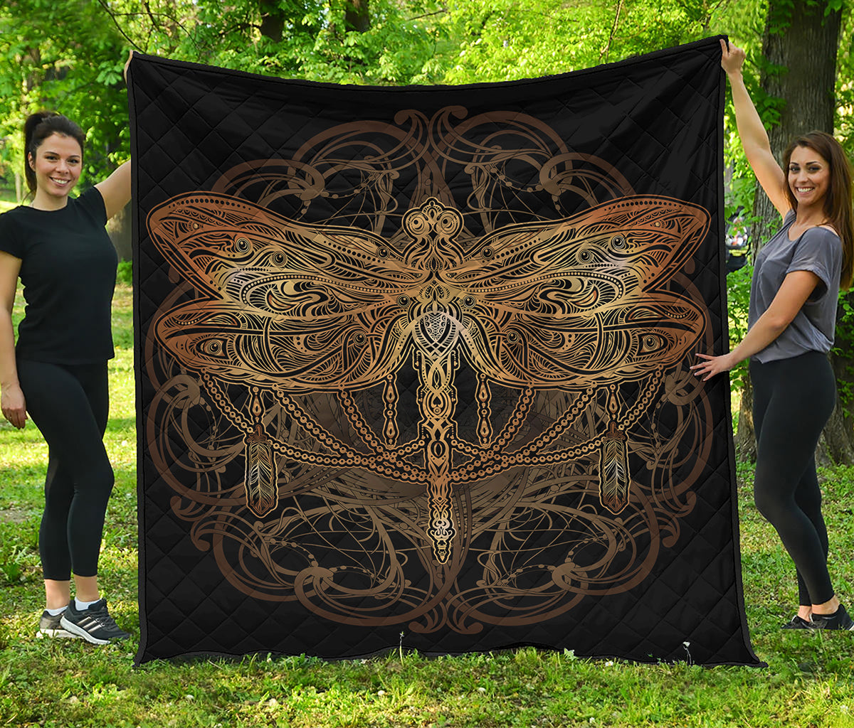 Golden Spiritual Dragonfly Print Quilt