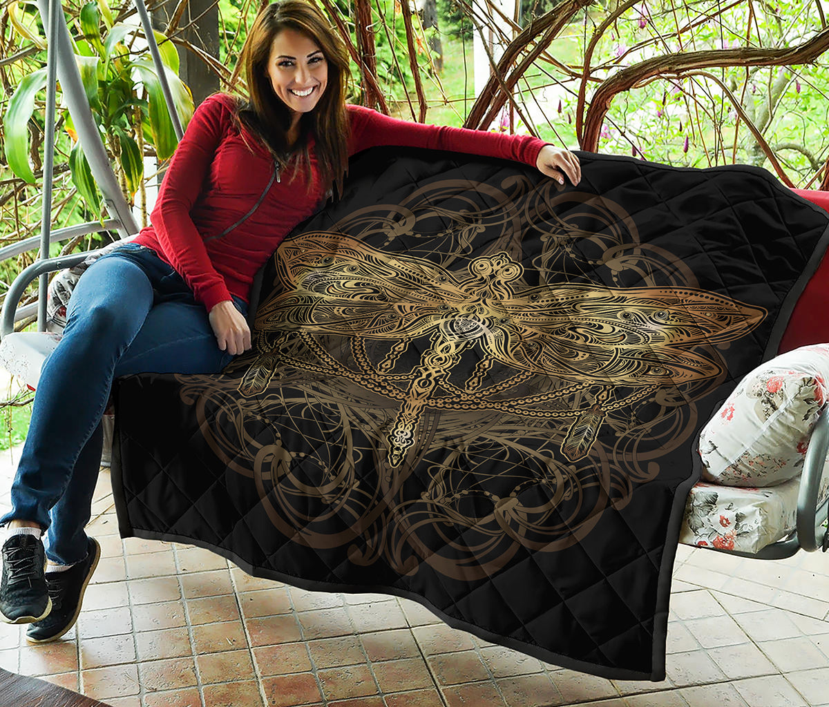 Golden Spiritual Dragonfly Print Quilt