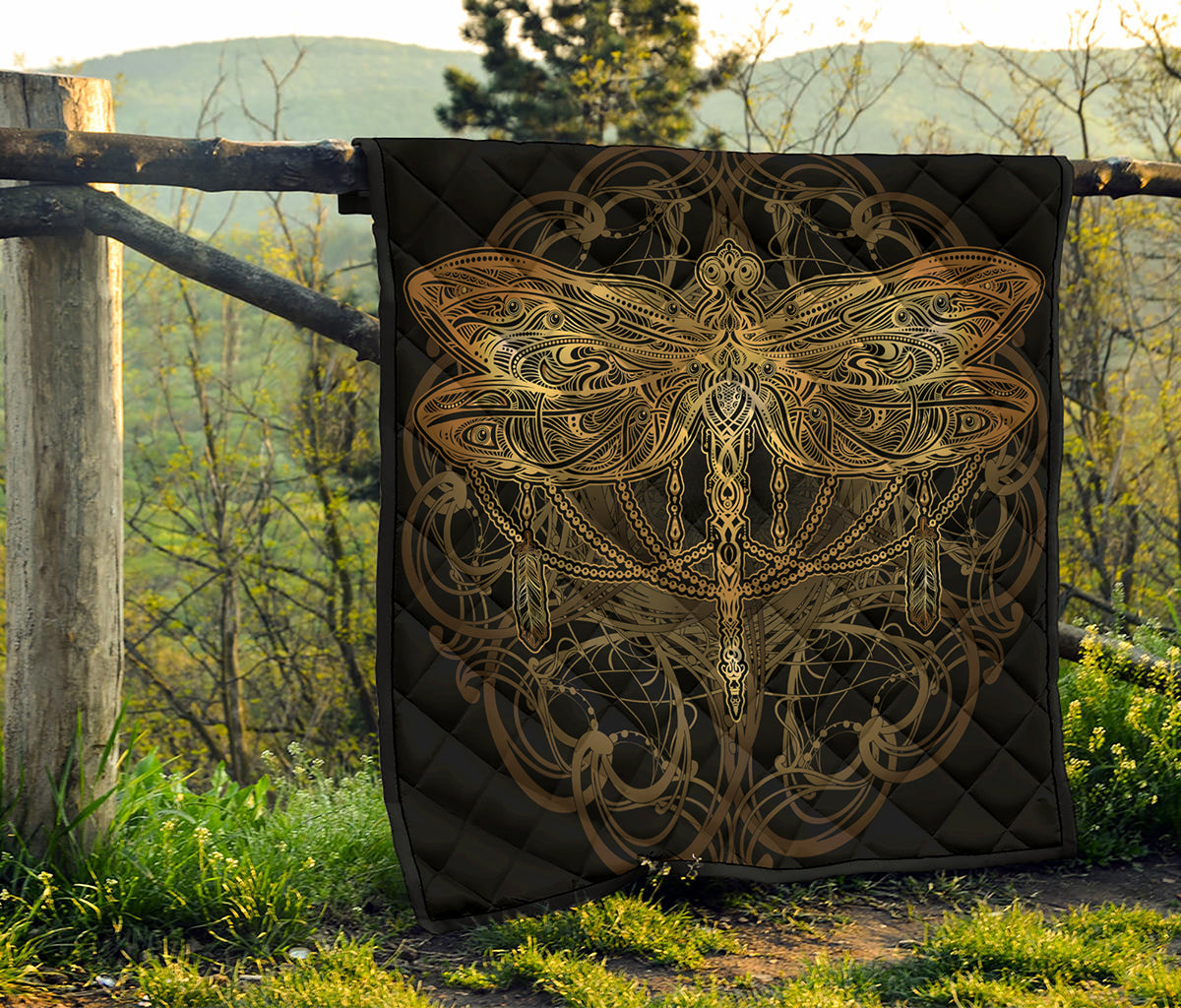 Golden Spiritual Dragonfly Print Quilt