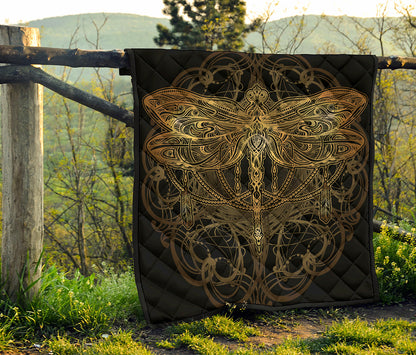 Golden Spiritual Dragonfly Print Quilt