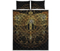 Golden Spiritual Dragonfly Print Quilt Bed Set