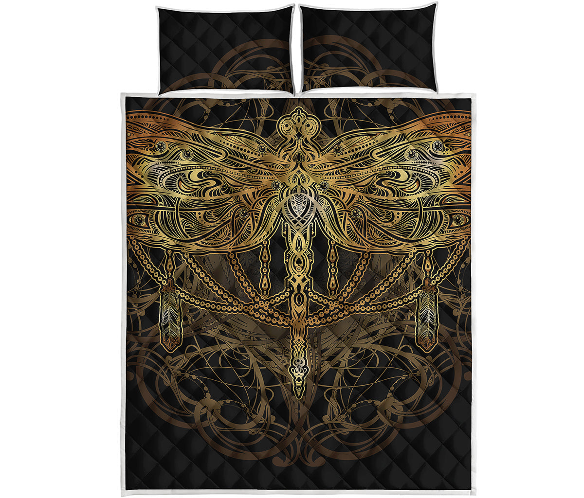 Golden Spiritual Dragonfly Print Quilt Bed Set