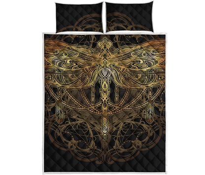 Golden Spiritual Dragonfly Print Quilt Bed Set