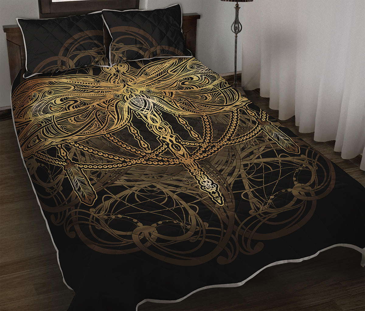 Golden Spiritual Dragonfly Print Quilt Bed Set