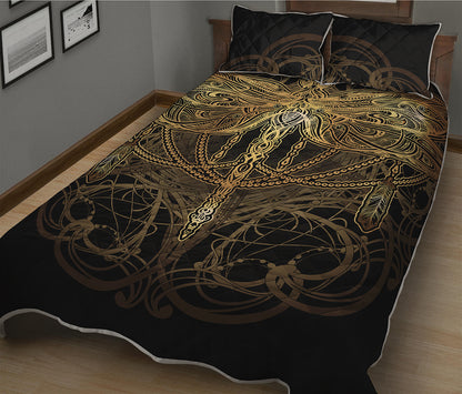 Golden Spiritual Dragonfly Print Quilt Bed Set