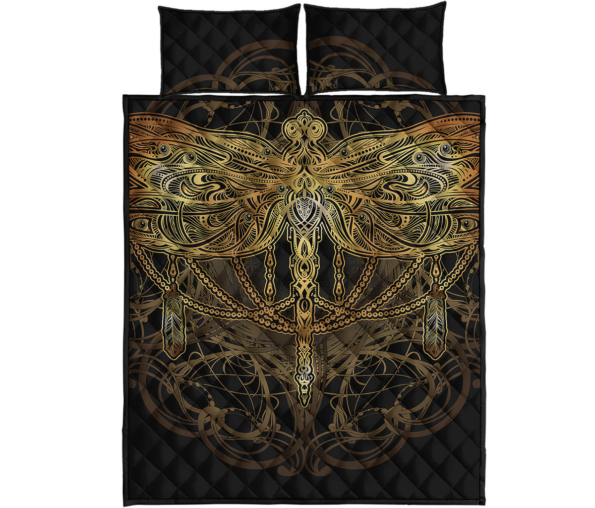 Golden Spiritual Dragonfly Print Quilt Bed Set