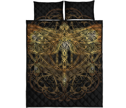 Golden Spiritual Dragonfly Print Quilt Bed Set