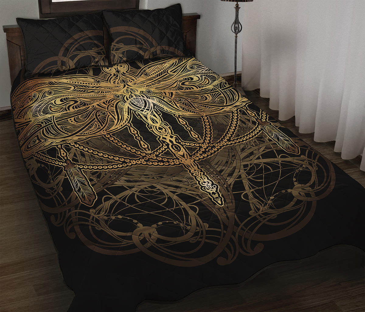 Golden Spiritual Dragonfly Print Quilt Bed Set