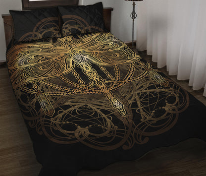 Golden Spiritual Dragonfly Print Quilt Bed Set