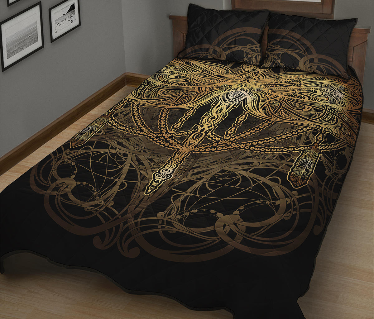 Golden Spiritual Dragonfly Print Quilt Bed Set