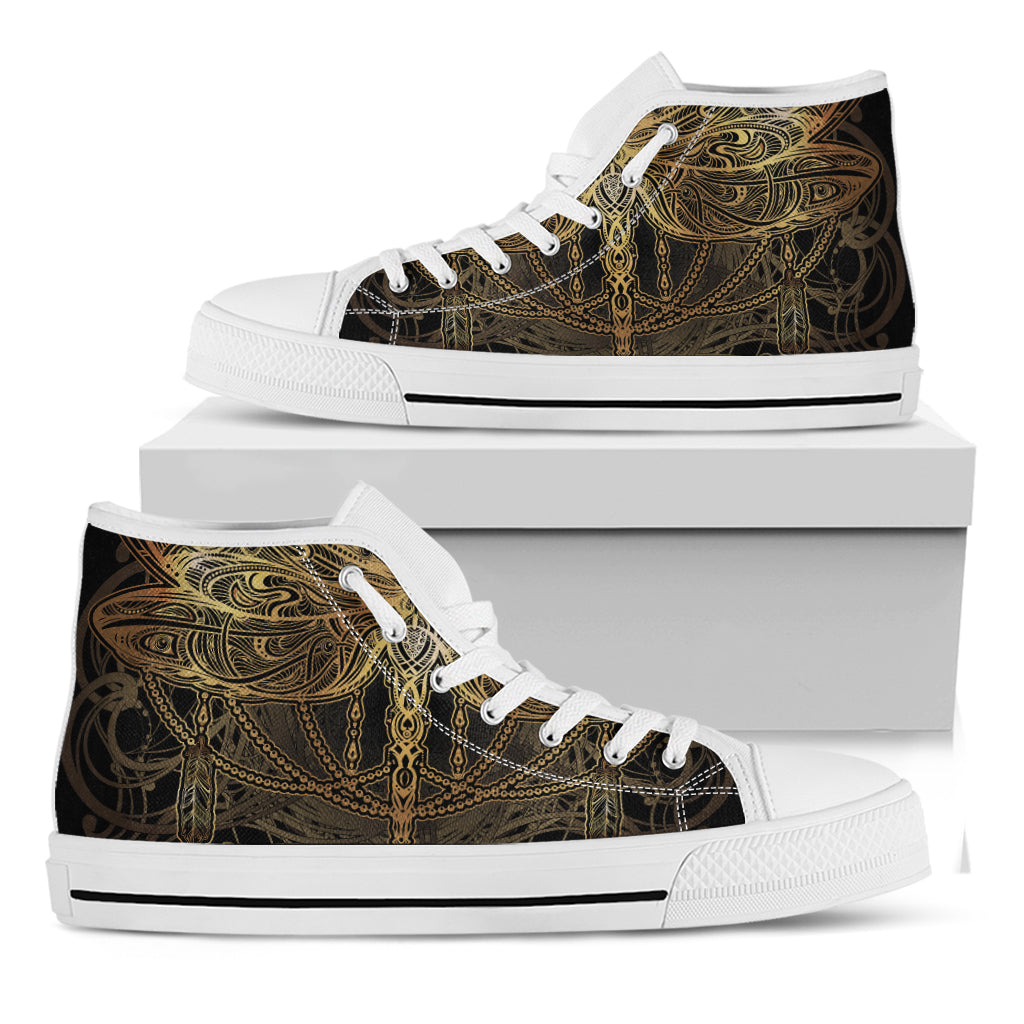 Golden Spiritual Dragonfly Print White High Top Shoes