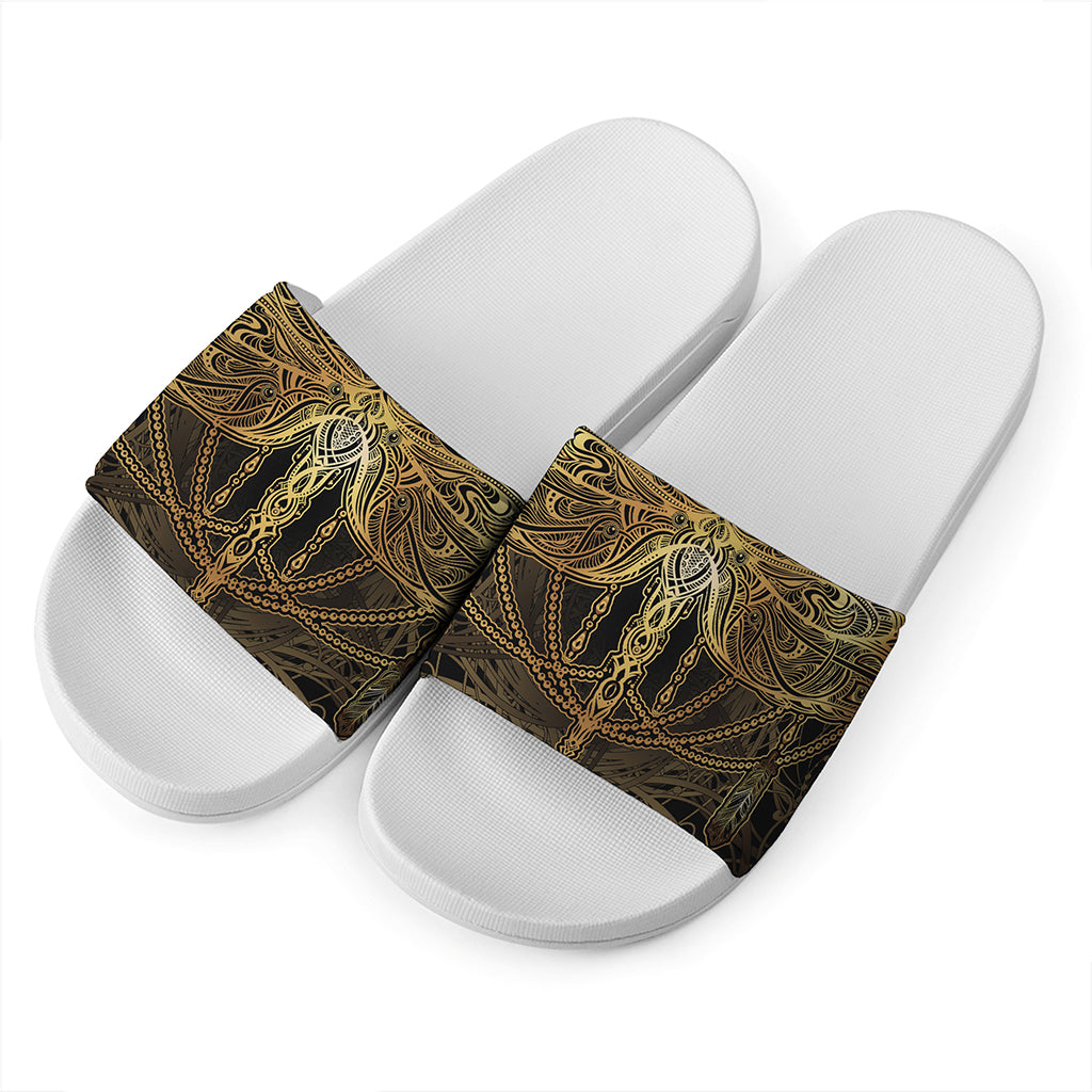 Golden Spiritual Dragonfly Print White Slide Sandals