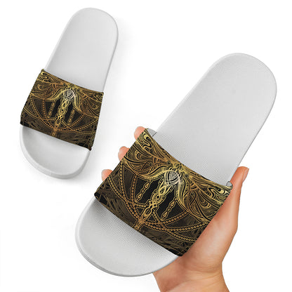 Golden Spiritual Dragonfly Print White Slide Sandals