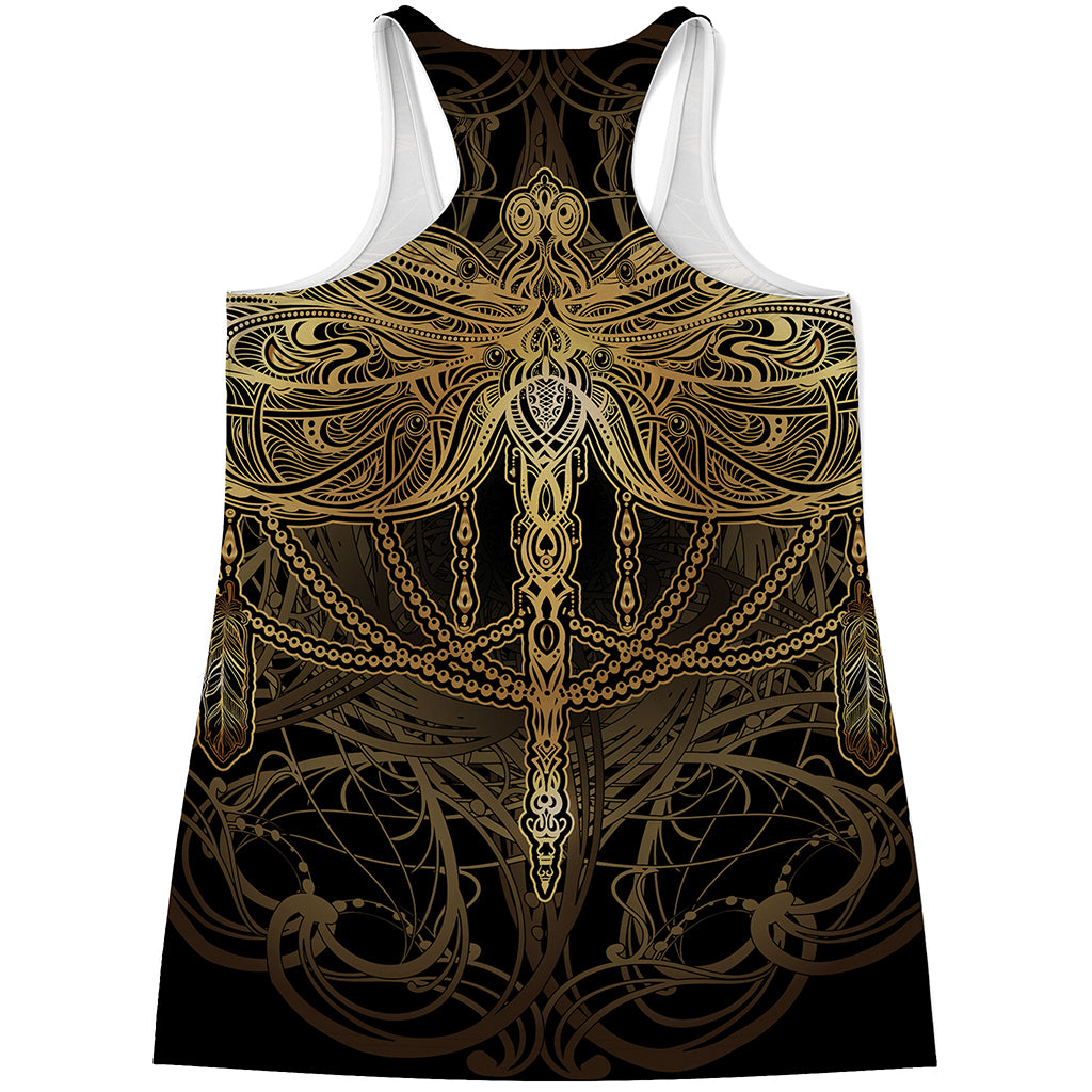 Golden Spiritual Dragonfly Print Women's Racerback Tank Top