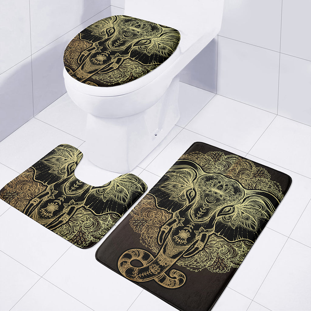 Golden Spiritual Elephant Print 3 Piece Bath Mat Set