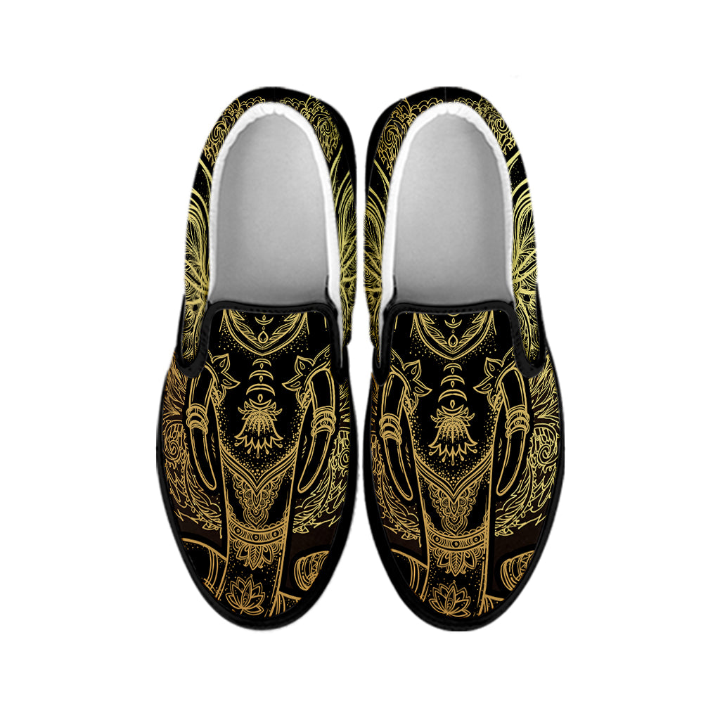 Golden Spiritual Elephant Print Black Slip On Shoes