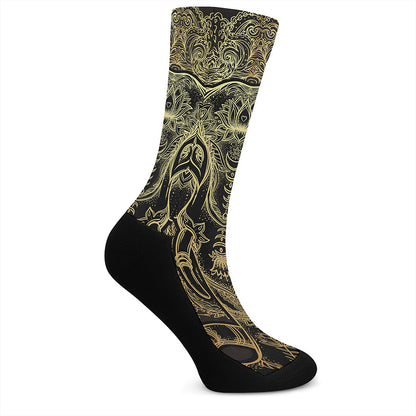 Golden Spiritual Elephant Print Crew Socks