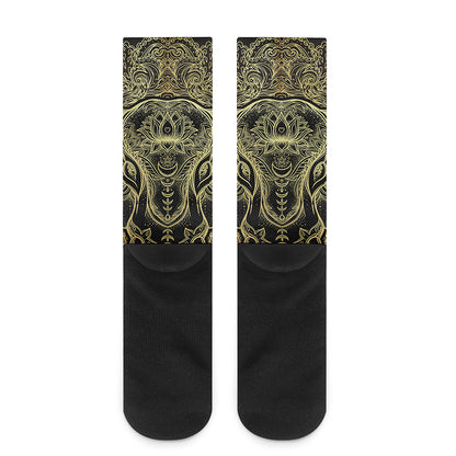 Golden Spiritual Elephant Print Crew Socks