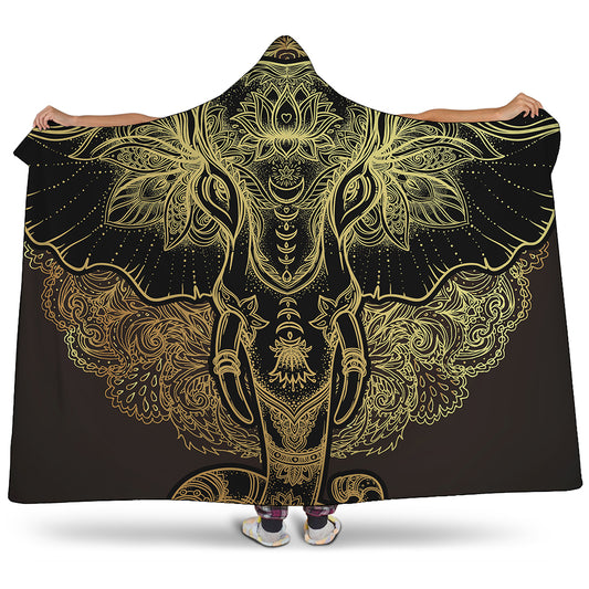 Golden Spiritual Elephant Print Hooded Blanket