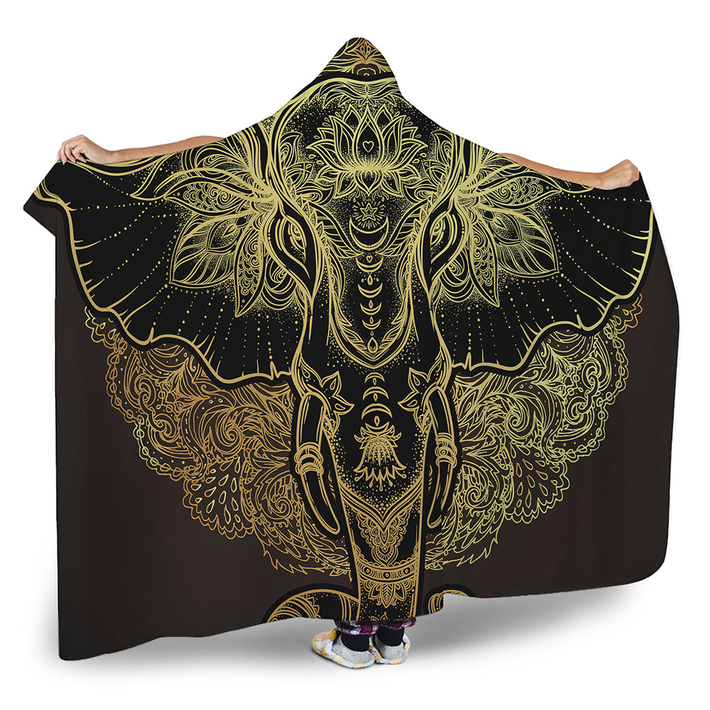 Golden Spiritual Elephant Print Hooded Blanket