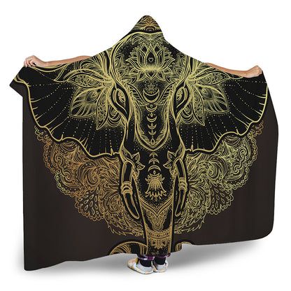 Golden Spiritual Elephant Print Hooded Blanket