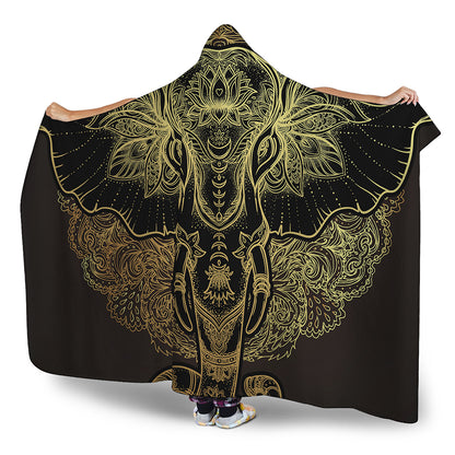 Golden Spiritual Elephant Print Hooded Blanket