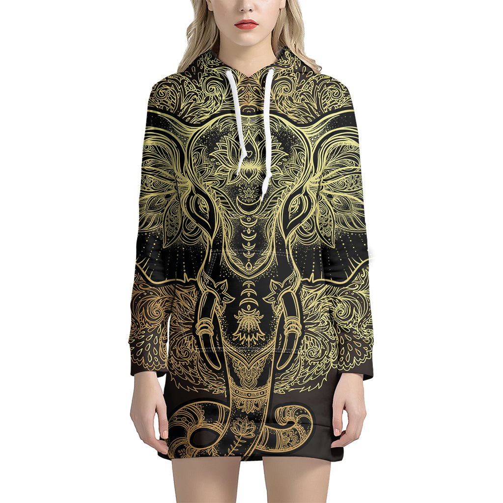 Golden Spiritual Elephant Print Pullover Hoodie Dress