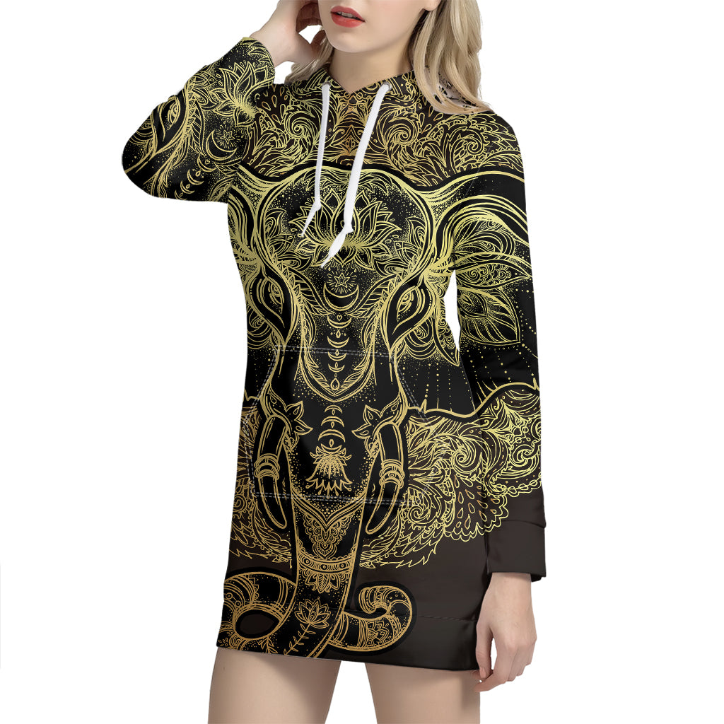 Golden Spiritual Elephant Print Pullover Hoodie Dress