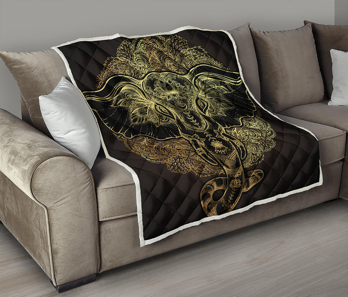 Golden Spiritual Elephant Print Quilt