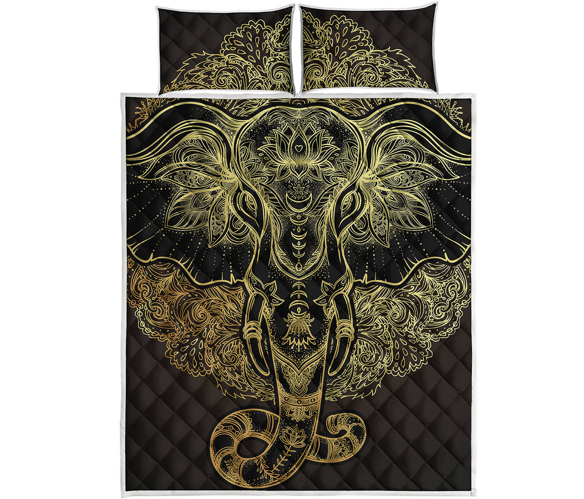 Golden Spiritual Elephant Print Quilt Bed Set