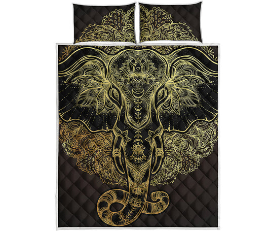 Golden Spiritual Elephant Print Quilt Bed Set