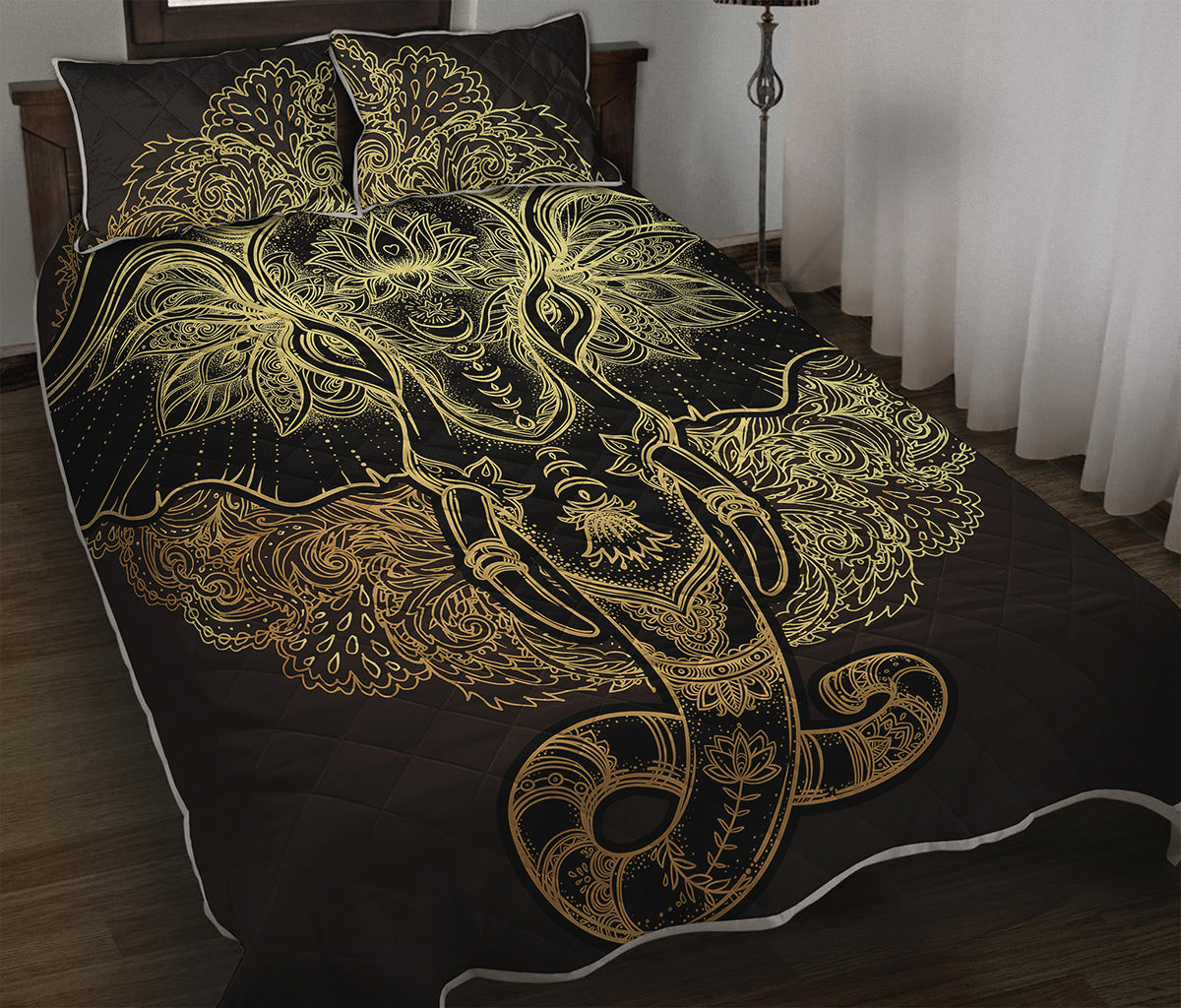 Golden Spiritual Elephant Print Quilt Bed Set