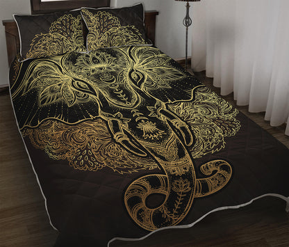 Golden Spiritual Elephant Print Quilt Bed Set