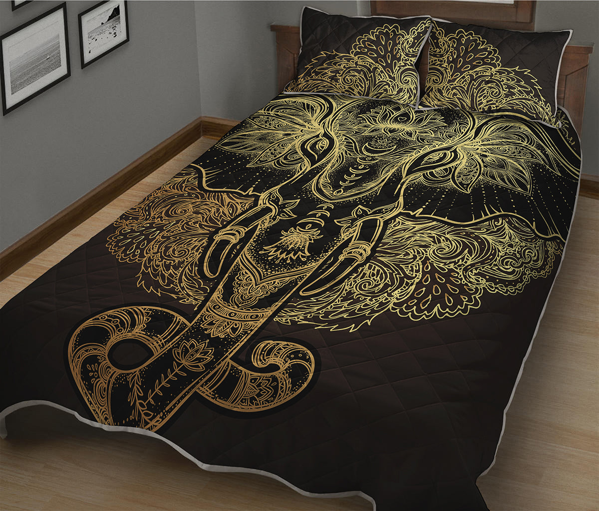 Golden Spiritual Elephant Print Quilt Bed Set