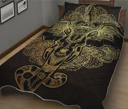 Golden Spiritual Elephant Print Quilt Bed Set