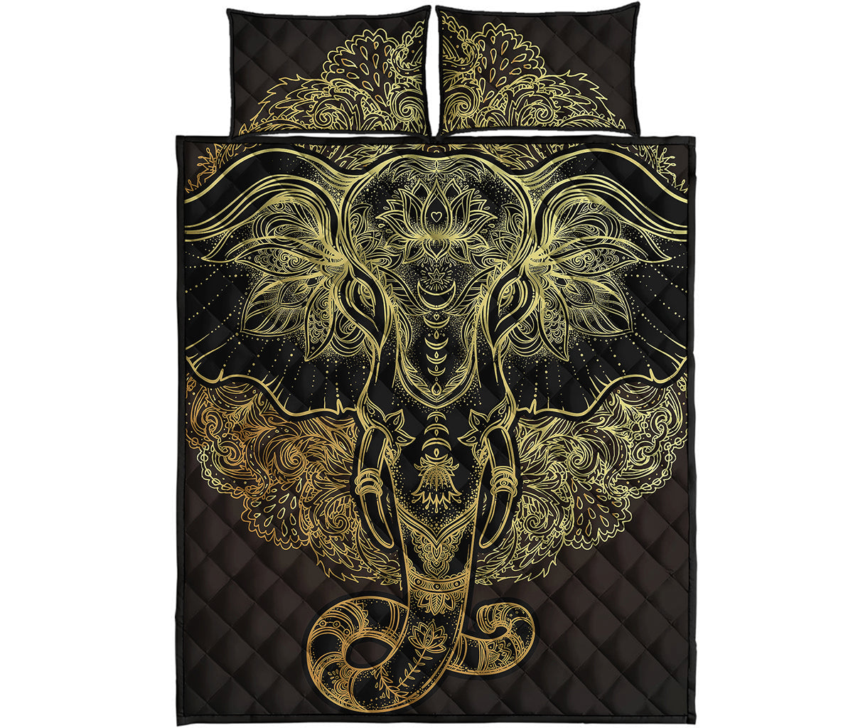 Golden Spiritual Elephant Print Quilt Bed Set