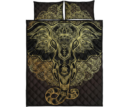 Golden Spiritual Elephant Print Quilt Bed Set