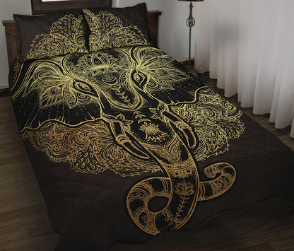 Golden Spiritual Elephant Print Quilt Bed Set