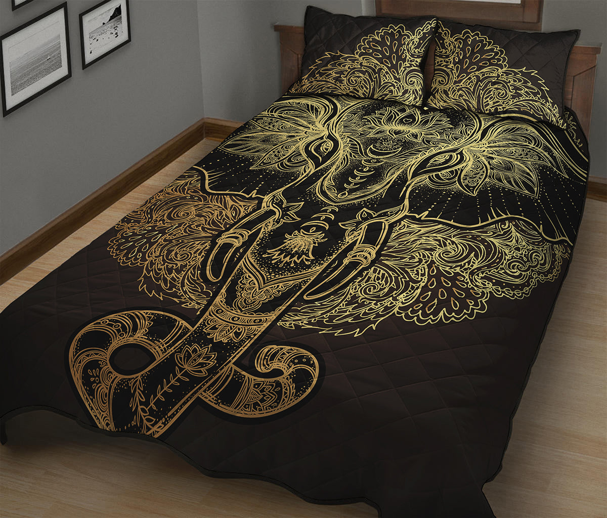 Golden Spiritual Elephant Print Quilt Bed Set