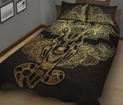 Golden Spiritual Elephant Print Quilt Bed Set