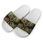 Golden Spiritual Elephant Print White Slide Sandals
