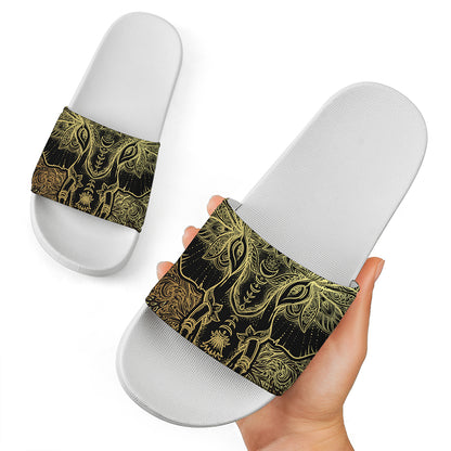 Golden Spiritual Elephant Print White Slide Sandals